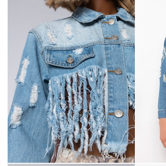 Callie Lives Miz Life Is Good: Fringe Distressed Crop Denim Jean Jacket L XL 1X - Picture 8 of 16